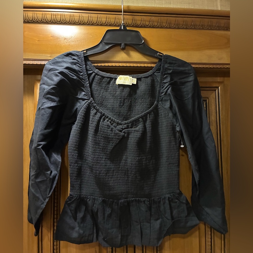 NWOT NATION LTD Tiana Black Peplum Blouse with Balloon Sleeves Size X-Small